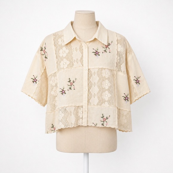 Zara Tops - Zara Patchwork Crochet Floral Embroidered Button Shirt Sz XS Cottagecore Granola